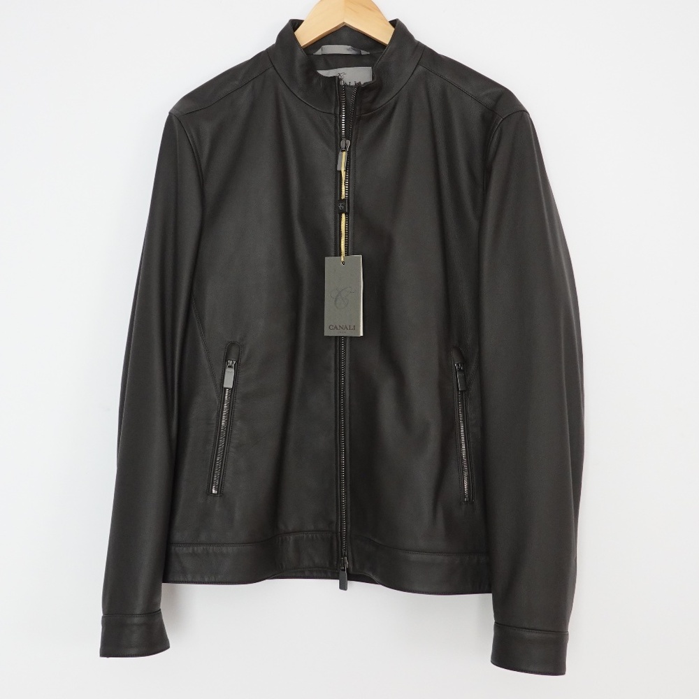New with Tags Canali Matte Leather Biker/Bomber Jacket Size 52 Italy=US L